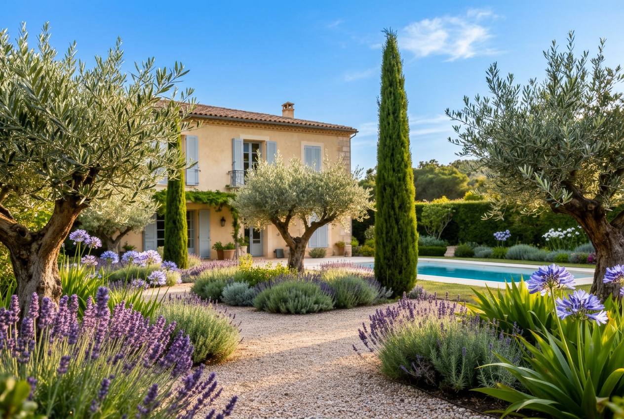 Jardin méditerranéen devant une villa provençale — Antibes